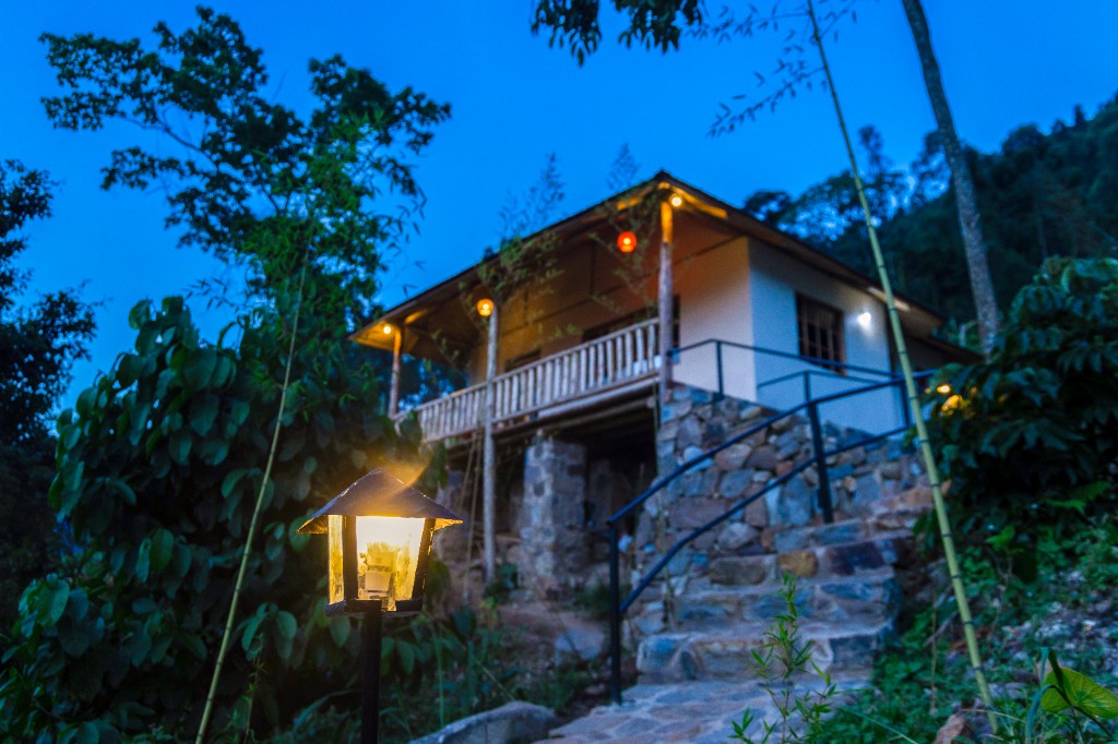 Riverside Gorilla Lodge at twilight with stone walkway