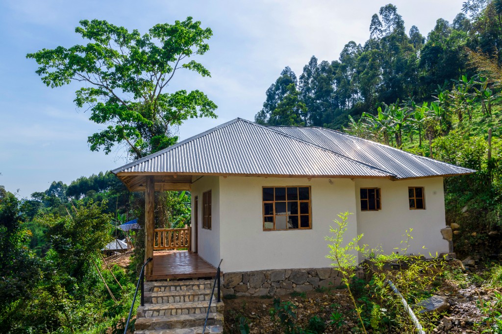 Cottage exterior surrounded by lush forest