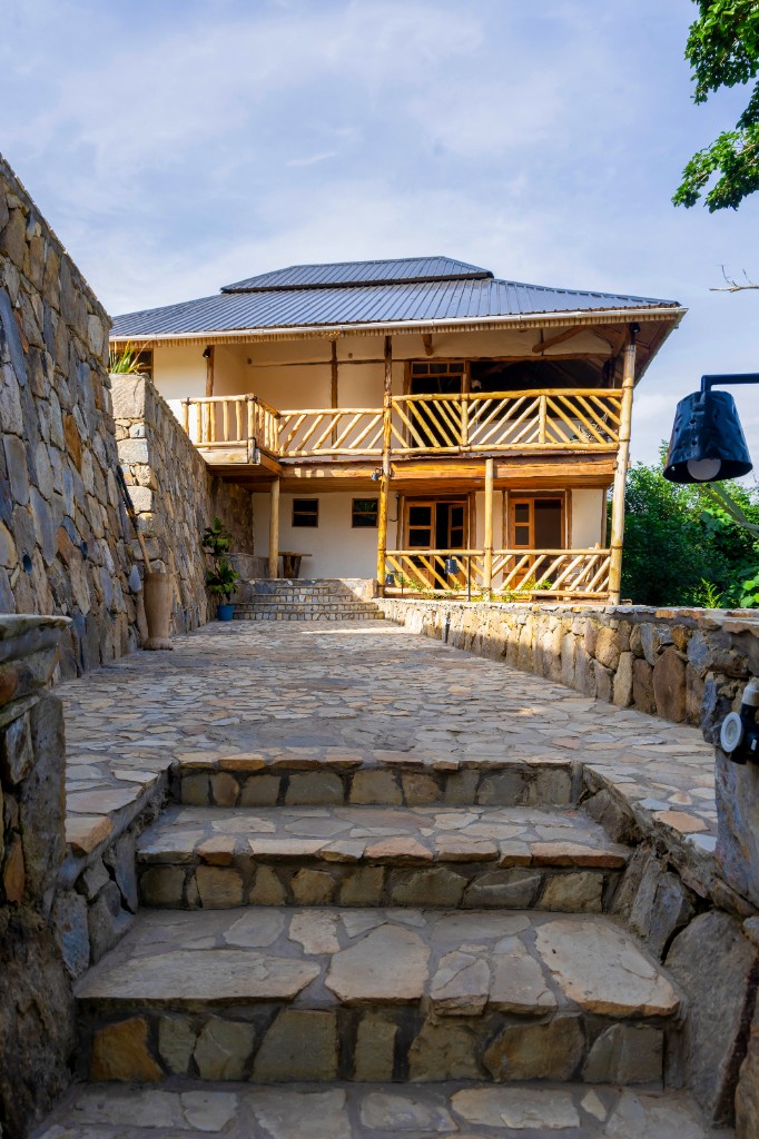 Two-story lodge with stone balconies