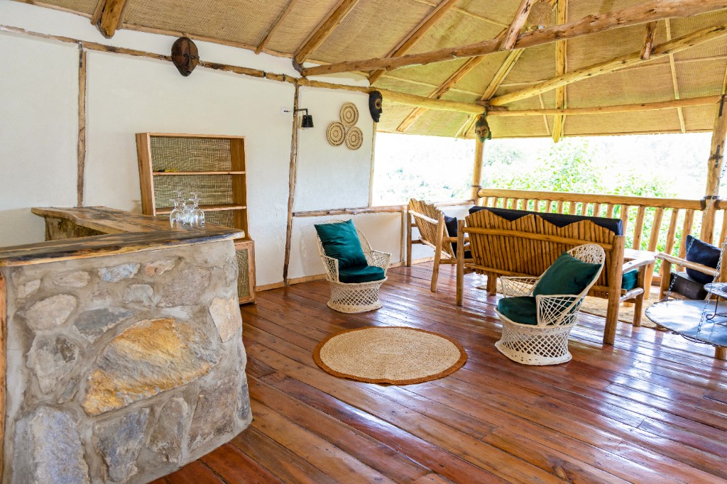 Open-air lounge with stone bar