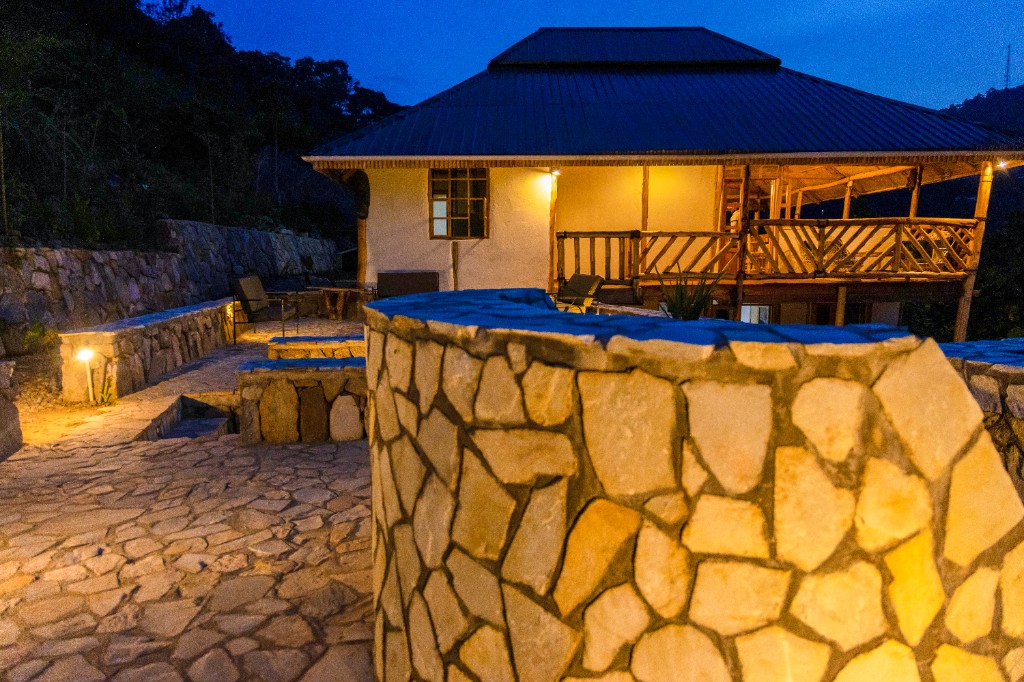 Stone walkways lit at night