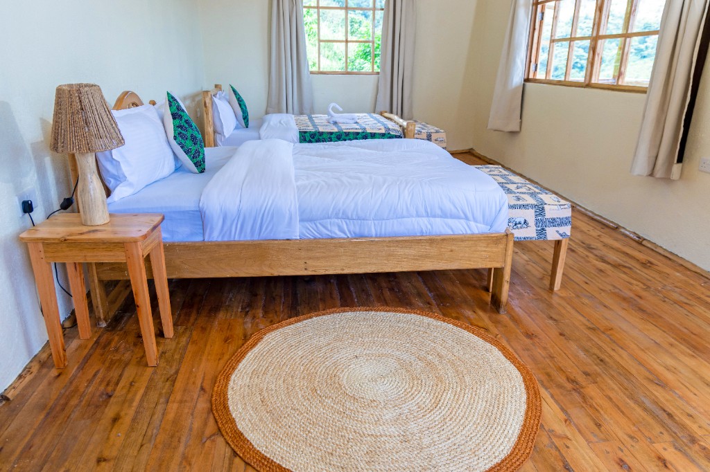 Bright twin room with garden views and woven accents