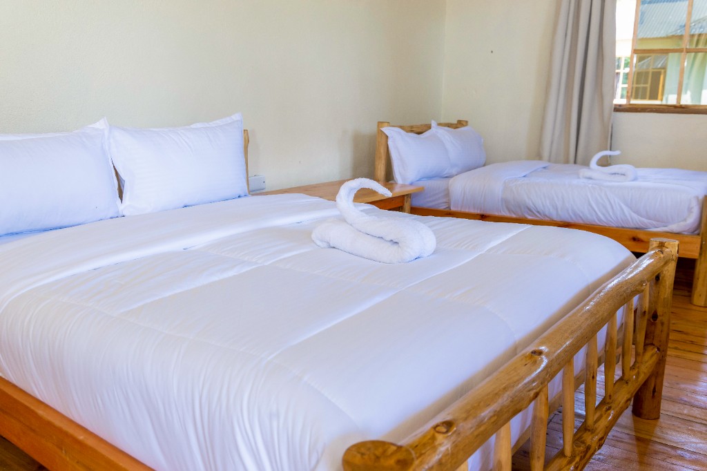 Twin room with natural log bed frames and white linens