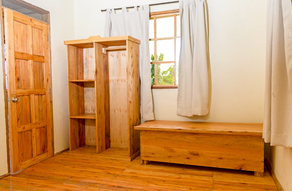 Room with wooden wardrobe and garden window